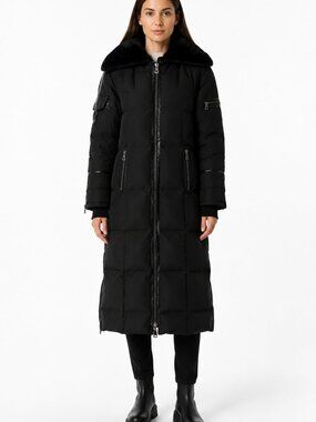 RUDSAK Long Black Down Puffer Coat with Fur Hood & Leather Trim - Size S